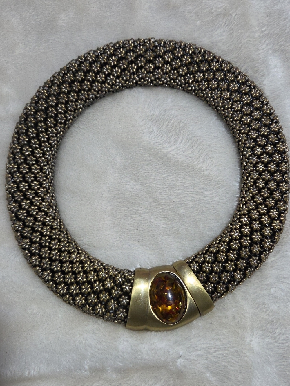 Rare Vintage Style Wide Mesh Magnetic Choker Necklace With Amber Cabochon.
